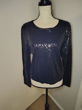 Jennifer Lopez Black Leopard-Texture Long Sleeve Top